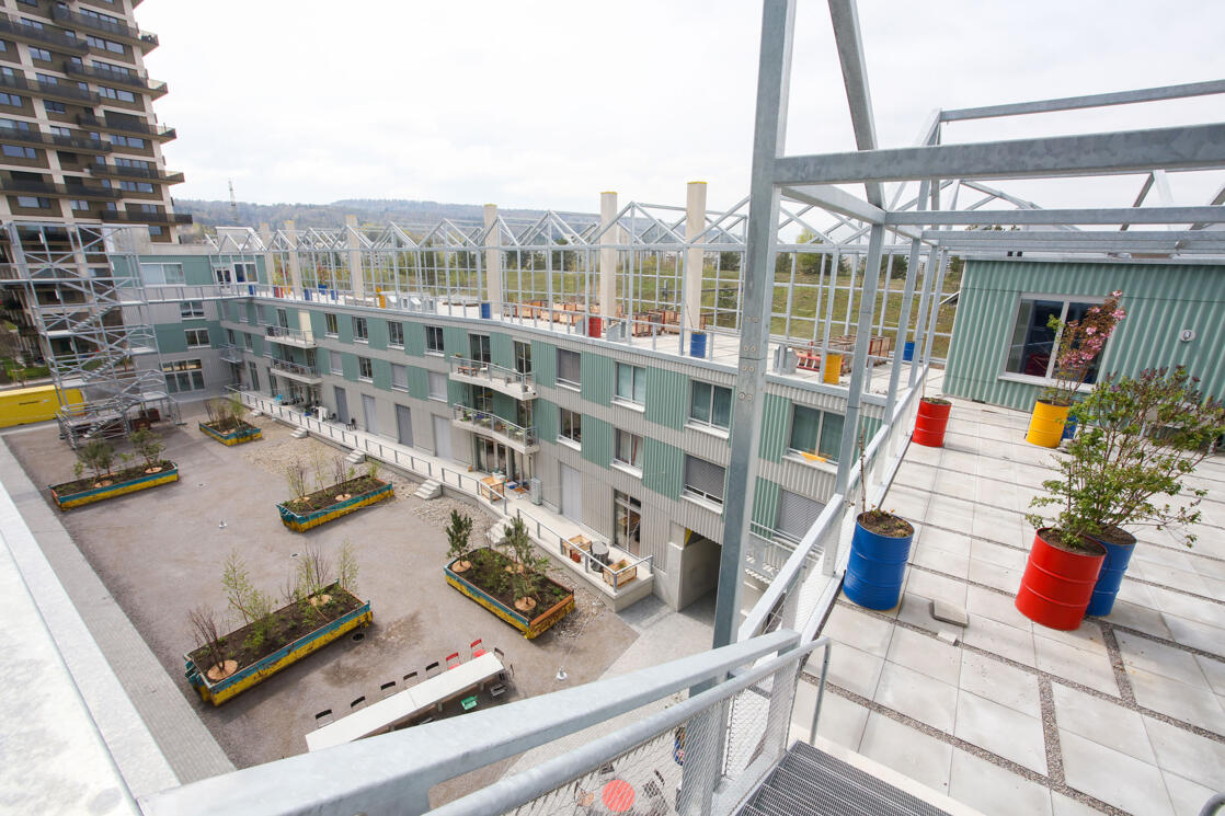 Blick auf die Gemeinschaftsterrasse und Innenhof